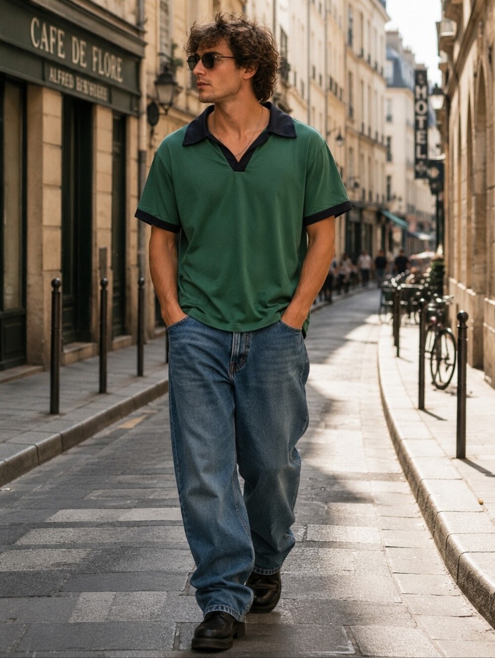 Men's Green Short-Sleeve Polo with Contrast Black Trim